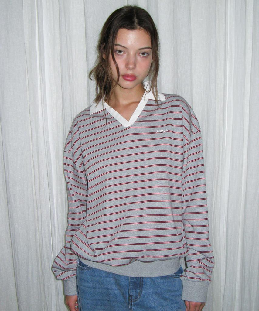 AMES-WORLDWIDE V Neck Collar Stripe Sweatshirt Gray
