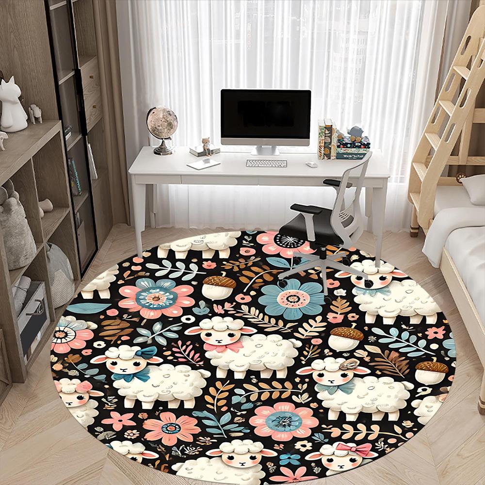 1PC Sheep Floral Office Round Area Rug, Mat Suitable For Office, Under Office Chairs Bedroom Living Room Home Decor, Room Deco