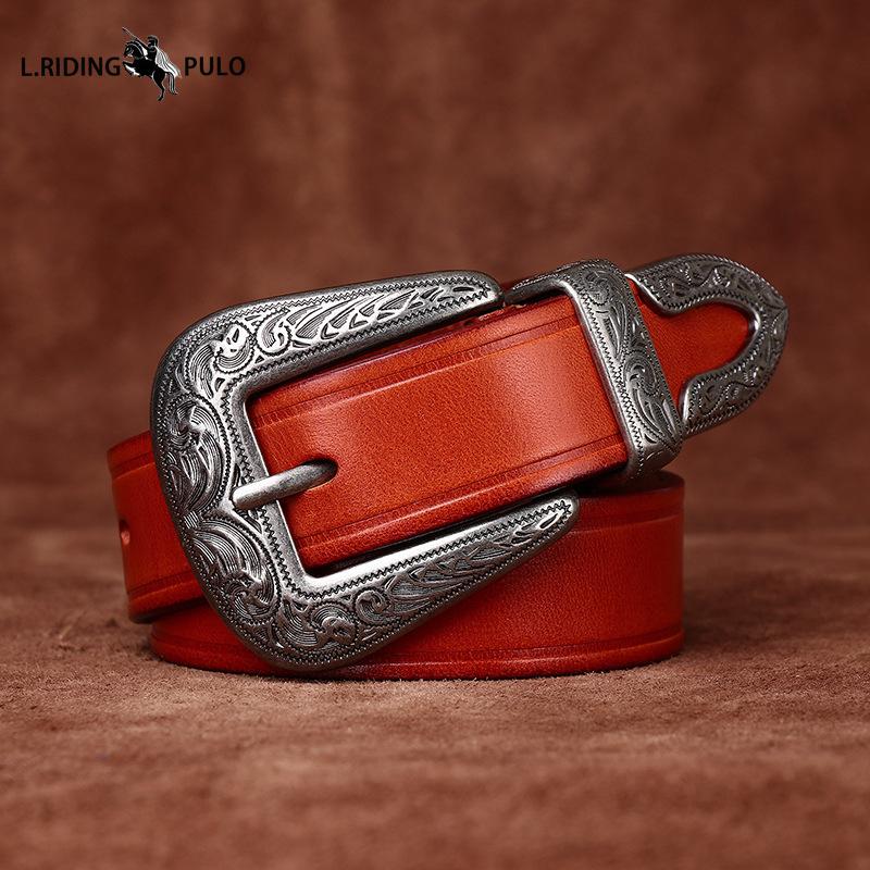 Personlighetstrend Allmatch Retro Nisch Äkta Läderbälte Dam Första Lagret Nötskinn Casual Spänne Bälte