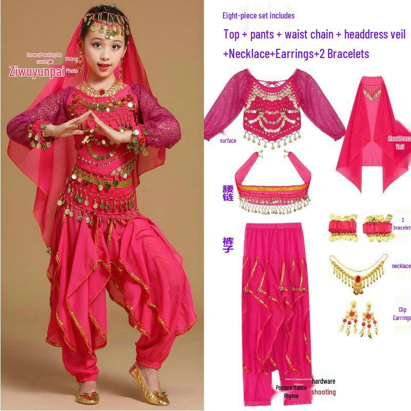 Costume da Danza Indiana per Bambini: Costume per Esibizione di Danza del Ventre e Minoranze dello Xinjiang per Bambina