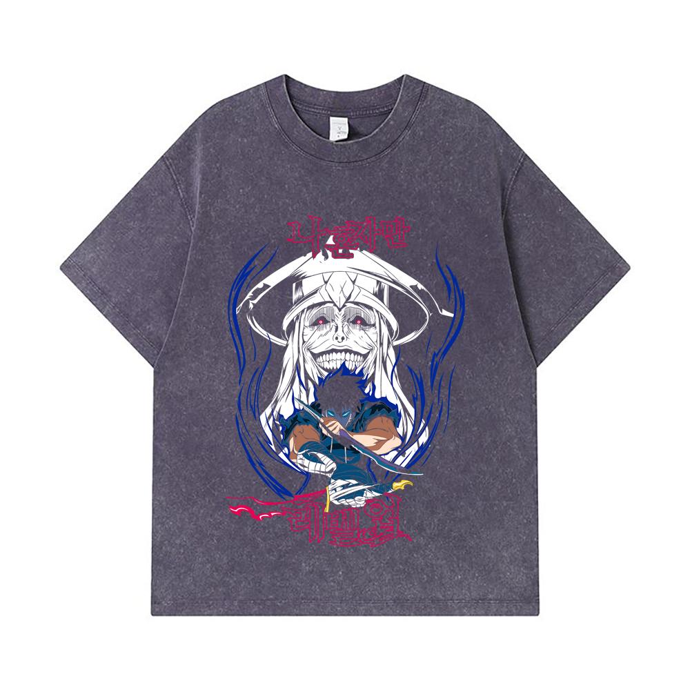 275 GSM Washed T-shirts 100% Cotton Solo Leveling V9 Print Unisex Heavy Cotton T Shirt