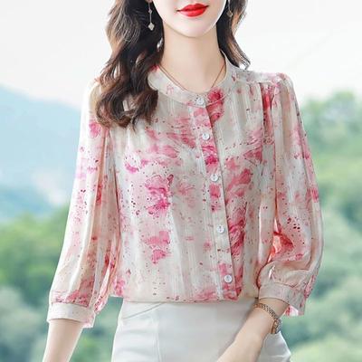 Moda Mujer Casual Primavera Otoño Estampado Bloque de Color Mangas 3/4 Cuello Redondo Blusas y Camisas