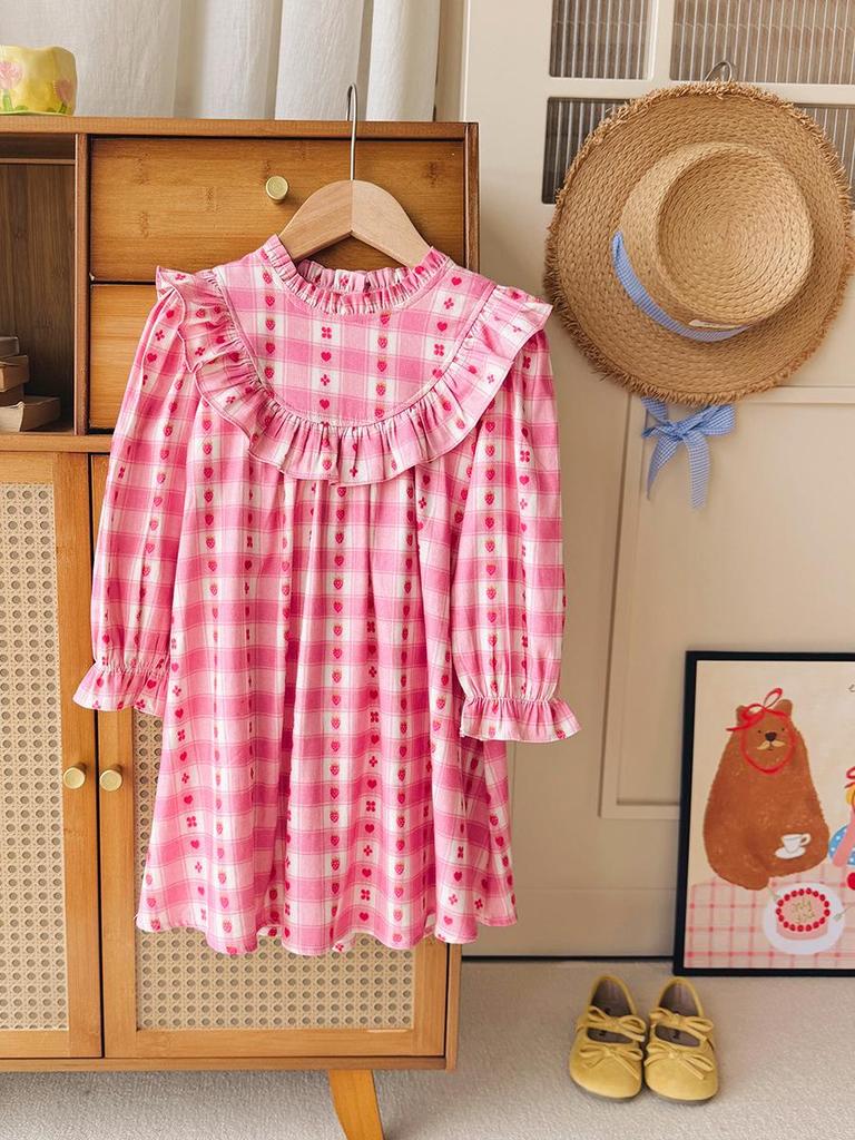 2026 Autumn Korean Style Ruffled Stand Collar Plaid Princess Dress for Girls