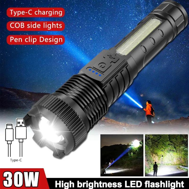 Lanterna LED de Alta Potência Portátil Tipo C Recarregável Lâmpada Bateria Embutida Zoom Telescópico Luz de Tocha Acampamento Lanterna de Mão