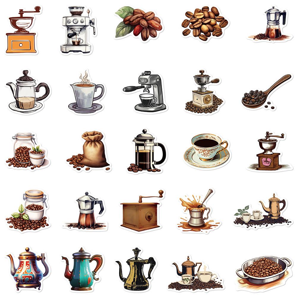 10/30/50pcs Vintage Coffee Machine Stickers Coffee Beans Graffiti Decals DIY Luggage Stationery Skateboard Retro Cartoon Sticker