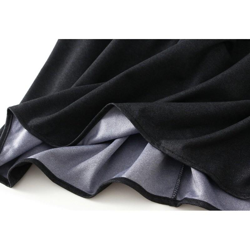 Qooth Denim Skirt with Pockets Mid Length Flare Skirt Slim Autumn Fall Casual Skirt QT2732