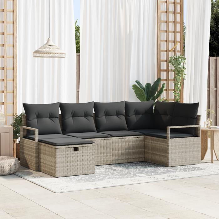 Ensemble de canapé de jardin 6 pièces avec coussins gris clair en rattan poly, Canapé de jardin 2 places avec rangement et 3360513