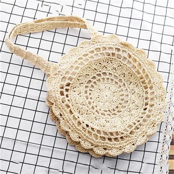 Böhmische Strohtaschen für Frauen, Kreis-Strand-Handtaschen, Sommer-Rattan-Umhängetaschen, handgefertigt, gestrickt, für Reisen, große Tragetaschen, Neu