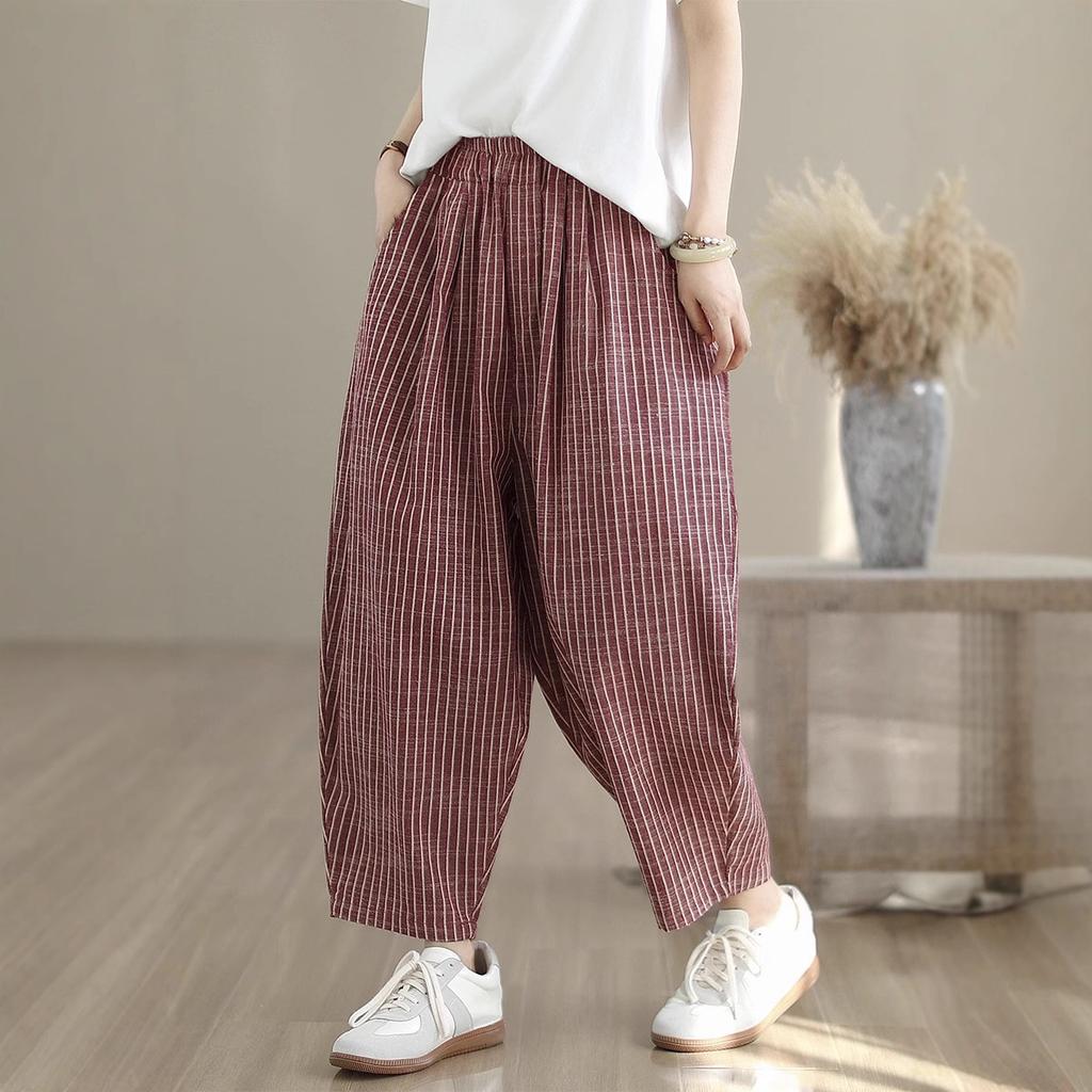 Yarn-dyed cotton and linen striped Harlan pants women's 2025 summer new elastic waist thin loose nine-point casual pants
