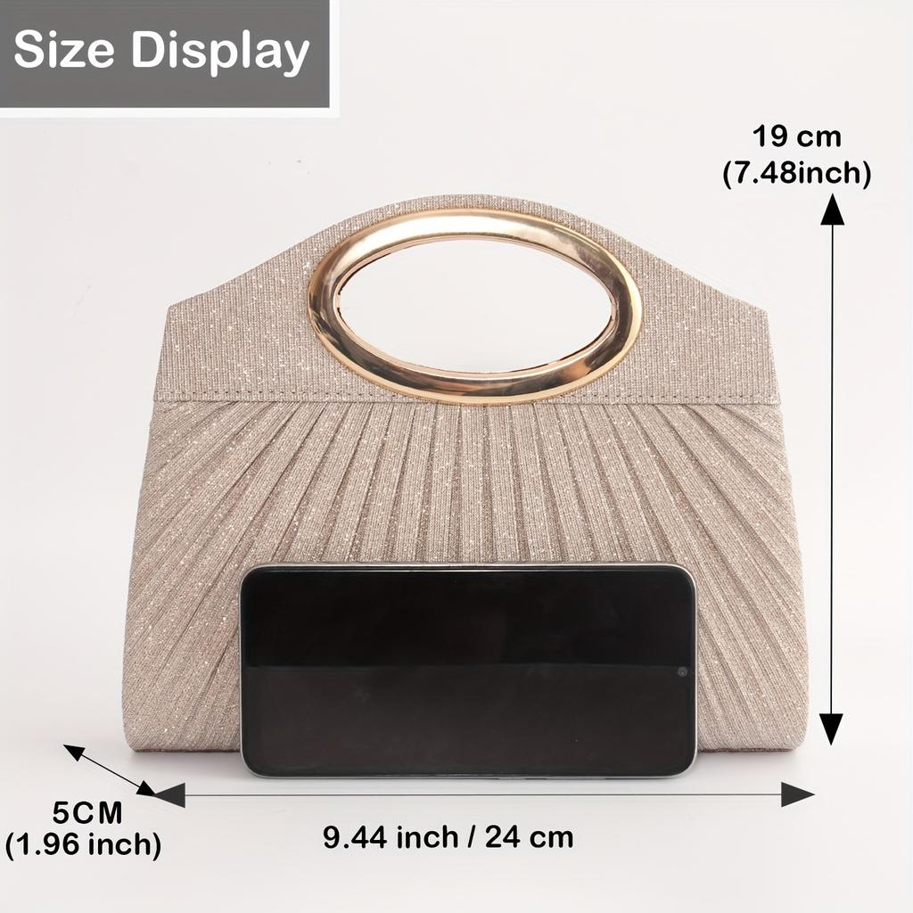 Double Magnetic Button Glamorous Glitter Dinner Clutch Bag for Ladies with Metal Ring Handle Pleated Design Includes Necklace Crossbody Bag