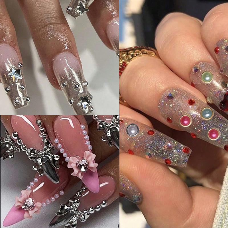 12-Grid Colorful Pearl Nail Art Decorations: Mixed-Size, Full/Half Round, Flat-Back Pearls for DIY.