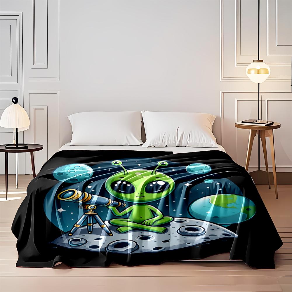Cute Green Alien Stargazing On the Moon Flannel Blanket for Bedroom, Living Room, Sofa, and Nap Sofas.