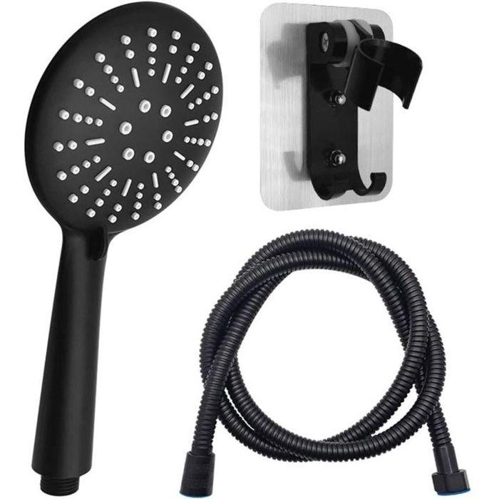 Pommeau de douche noir 120 mm avec flexible 1,5 m, 3 jets, anti-calcaire et support