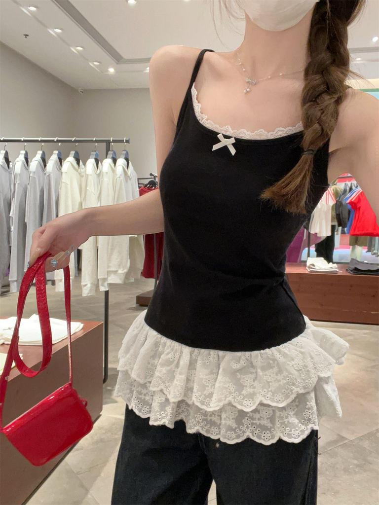 Ballet-Style White Lace Bow Camisole for Women - Spring/Summer 2025 Sleeveless Top