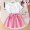 Girls' Fashion Set - Summer Children's Princess White Short-Sleeved T-shirt and Pink Short Skirt Set