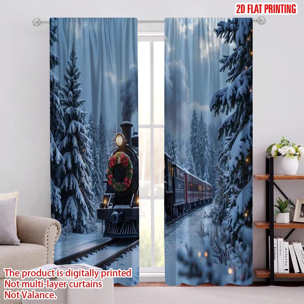 

Set Of 2 Vintage Flat Printing Merry Christmas Scene Curtains Steam Locomotive Polyester Fabric Without Electricity Curtain W100*H70(CM)-Grommet top&1PCS