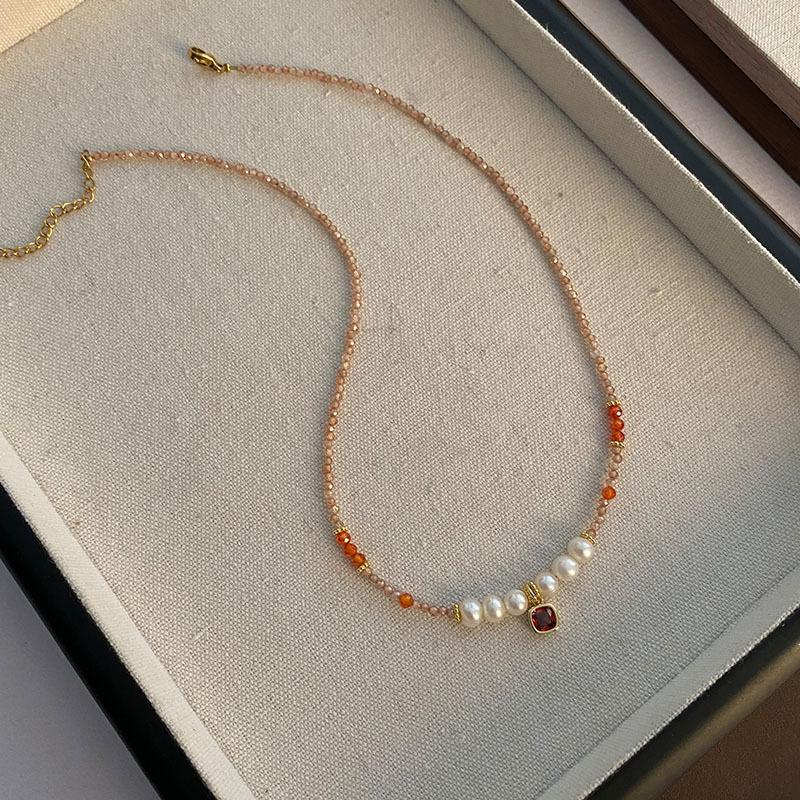 Vintage Niche Design Zircon Freshwater Pearl Beaded Pendant Clavicle Necklace For Women