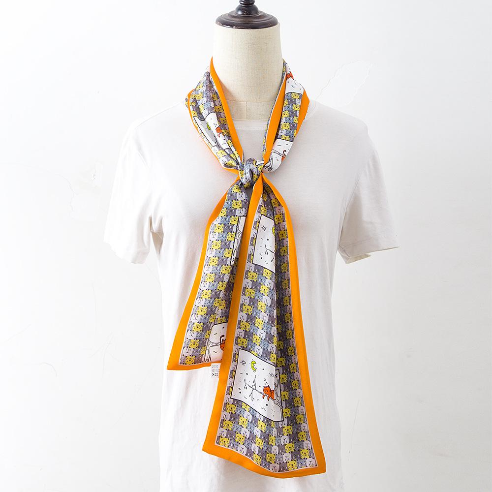 Luxury Silk Long Scarf Women Bag Handle Ribbon Ladies Plaid Print Headband Small Hair Scarves Band Female Handkerchief