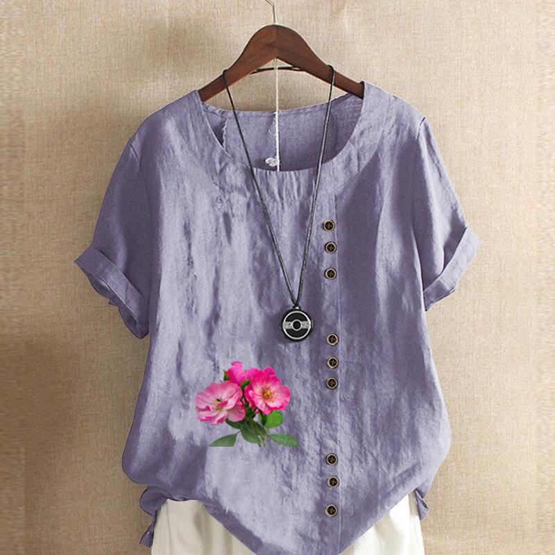 Women's Fashion Flowers Prined Round Neck Short Sleeve T-shirt Casual Cotton Linen Graphic Shirt Leisure Loose Summer Blouse Tops