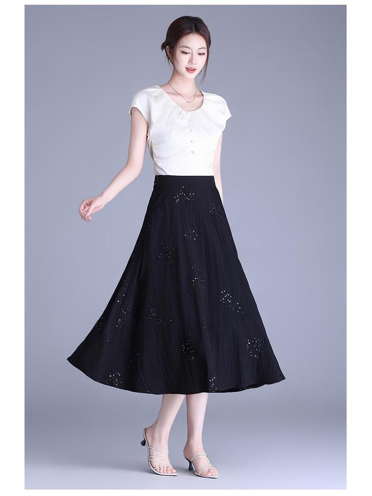 Women's Spring 2026 Retro High-Waist Sequin Embroidered A-Line Long Black Skirt