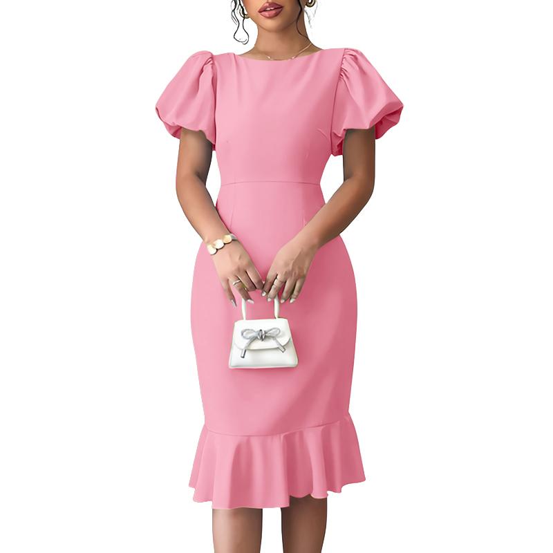 

ZANZEA Женское повседневное летнее платье с круглым вырезом и короткими рукавами-буфами 3XL розовый