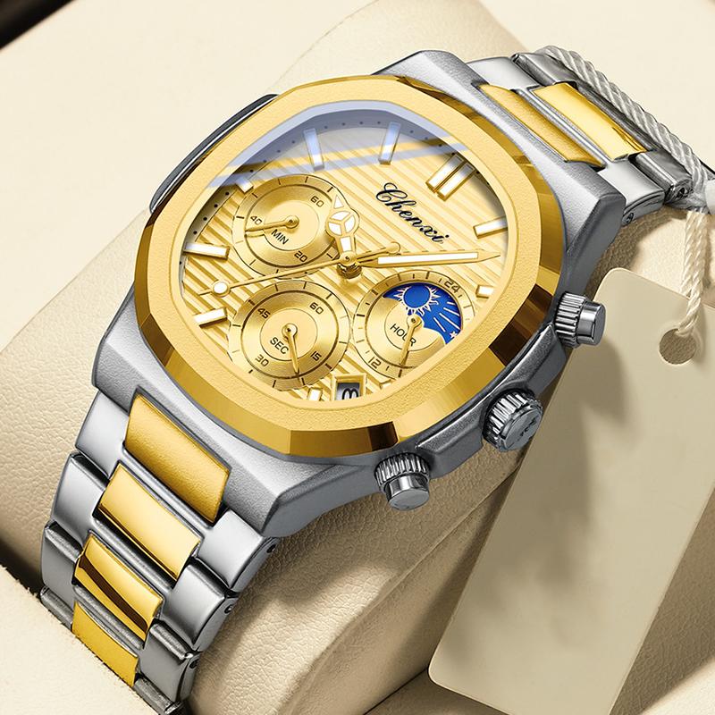 2025 Luxury Watch Men Business Fashion Waterproof Stainless Steel Chronograph Moon Phase Quartz Wristwatch Male Clock