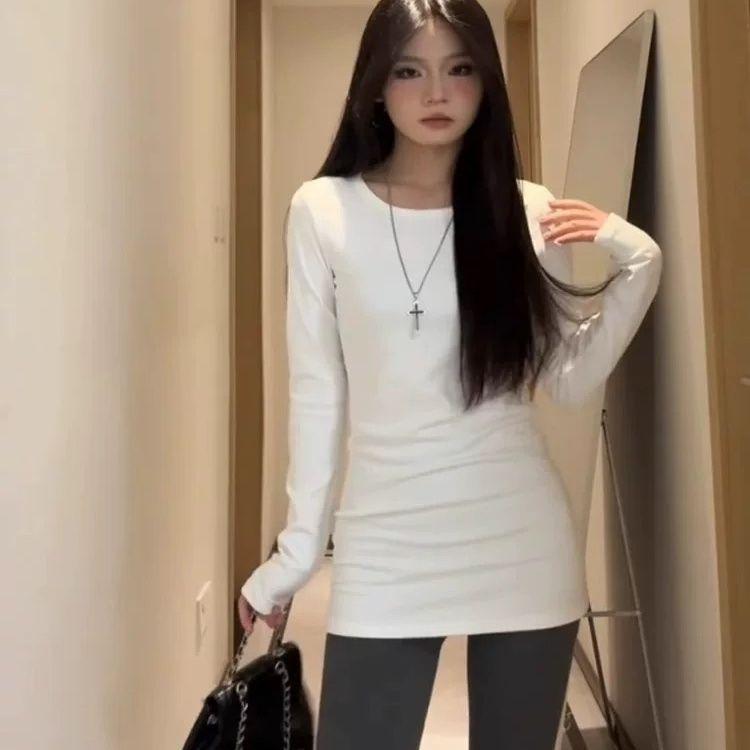 Women s Autumn/Winter 2026 Long Sleeve German Fleece Mid-length Slim Fit T-shirt S белый