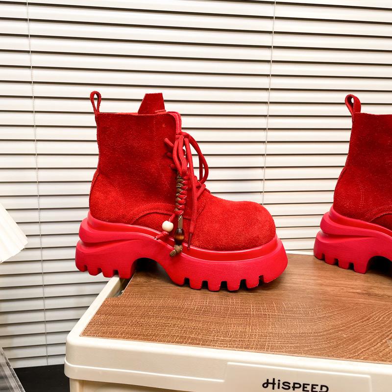 2025 Autumn New Retro Matte Leather Martin Boots Women's Shoes Platform Muffin Round Head Lace-up Locomotive Boots Short Boots Women