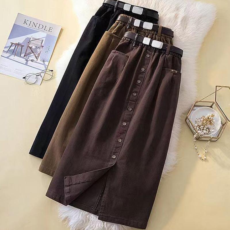 Washed Cotton Large Size Skirt Female Slit High Waist Slimming Medium Long Straight Skirt
