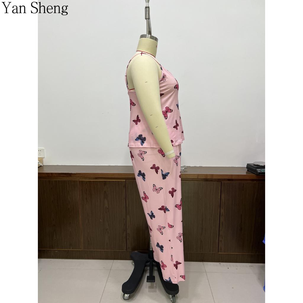 Plus Size Women Butterfly Print Pajama Set, Sleeveless Cami Tank Top & Elastic Long Pants 2 Piece Summer Soft Loungewear Sweet Sleepwear Nightwear
