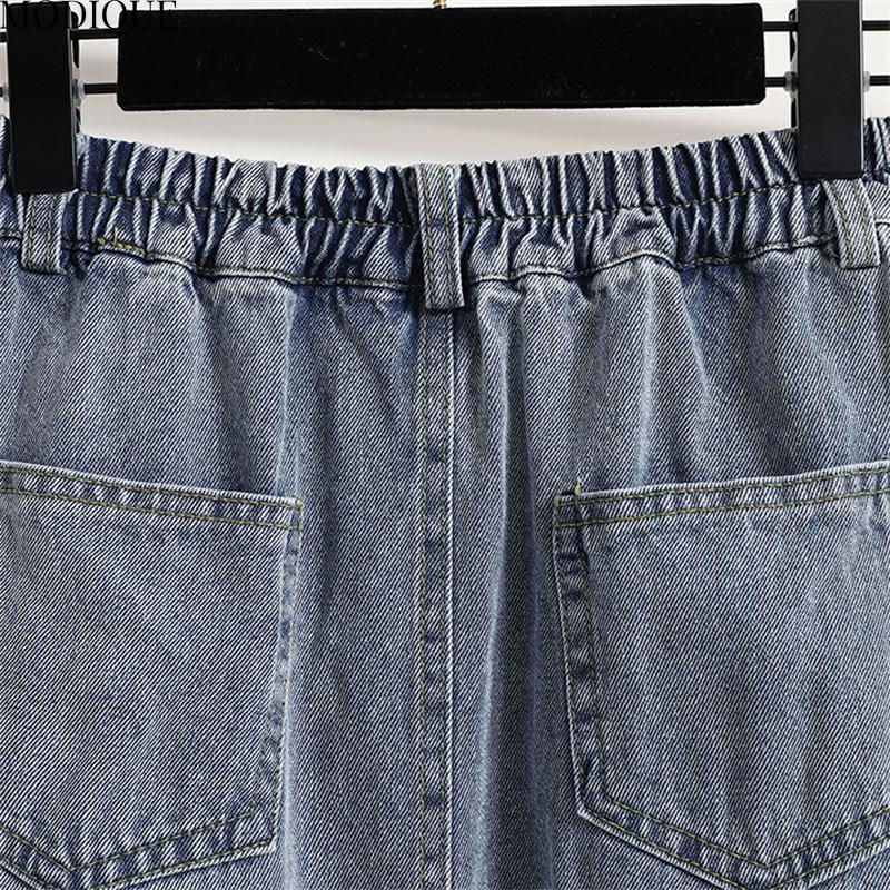 MODIQUE 2025 New Plus Size Summer Women Casual Vintage A-Line Fusta lungă din denim cu talie înaltă Doamnelor largi culoare solidă Fusta albastru învechită