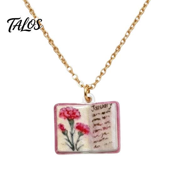 Talos Women Birth Flower Necklace, Floral Book Pendant January To December Month Gift for Wife Girlfriend