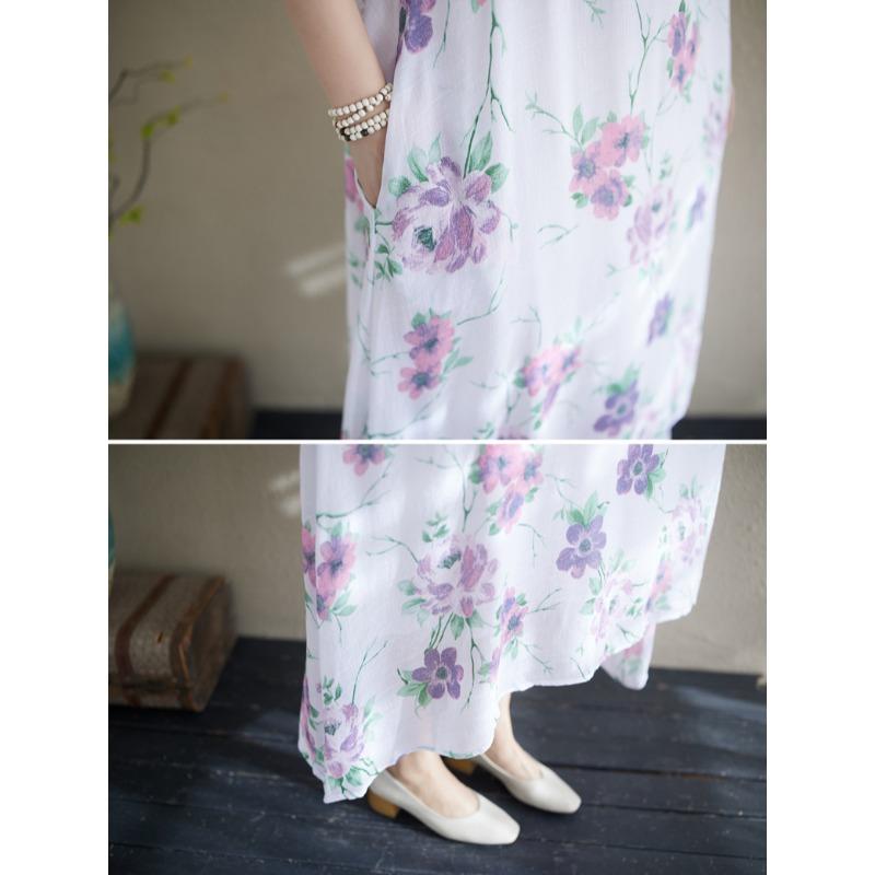 DIMANAF 2025 Summer Women Plus Size Dress Vintage Long Dress Basic Floral Printing Casual Loose Linen Maxi