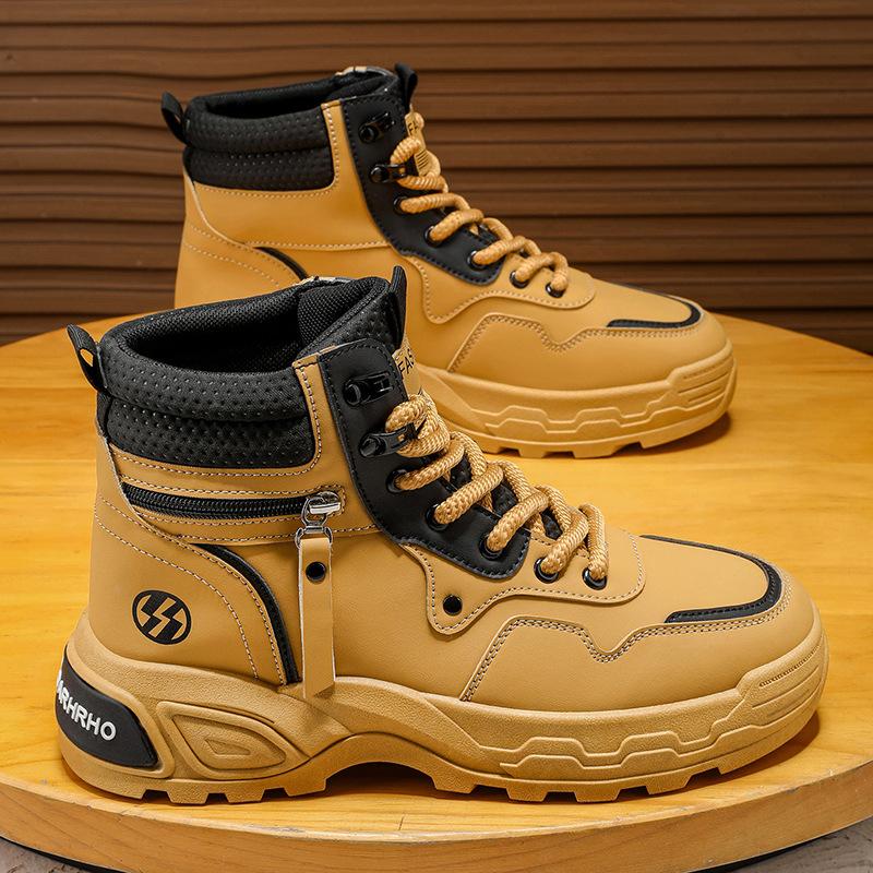 High-top Men's Shoes Autumn Casual Mountaineering Sports Non-slip Tooling Shoes Leather Surface Waterproof Thick Sole Heightening Yellow Martin Boots