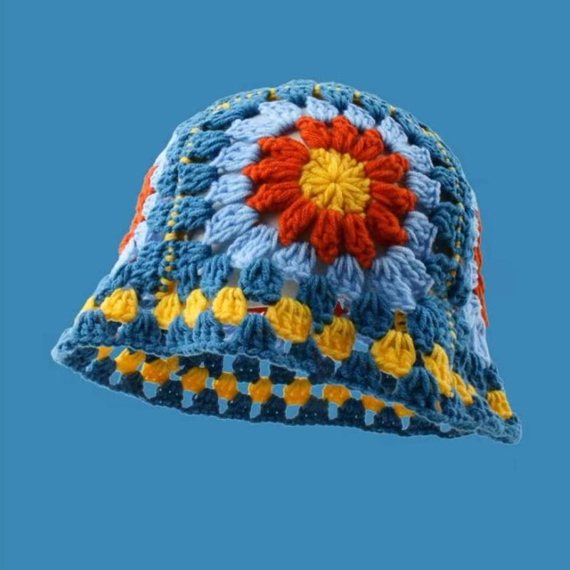 2023 Autumn New Crochet Korean Handmade Bucket Hat Women Weaving Knitted Hat Y2k Fashion Flowers Autumn Winter Beanies Basin Cap