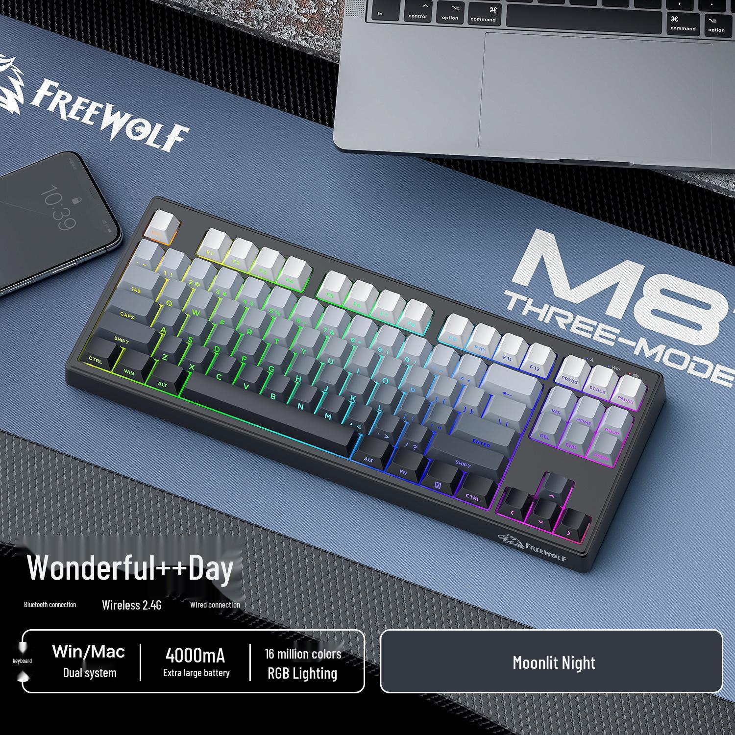 

Free Wolf M87V2 Wireless RGB Mechanical-Feel Keyboard with PBT Side-Printed Keycaps and Bluetooth.