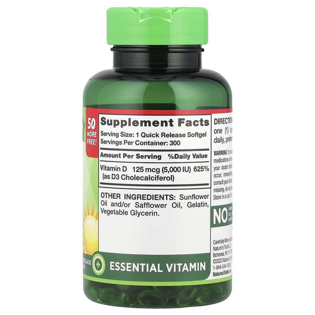 Nature's Truth High Potency Vitamin D3, 125Mcg (5,000Iu), 300 Rapid Release Softgels