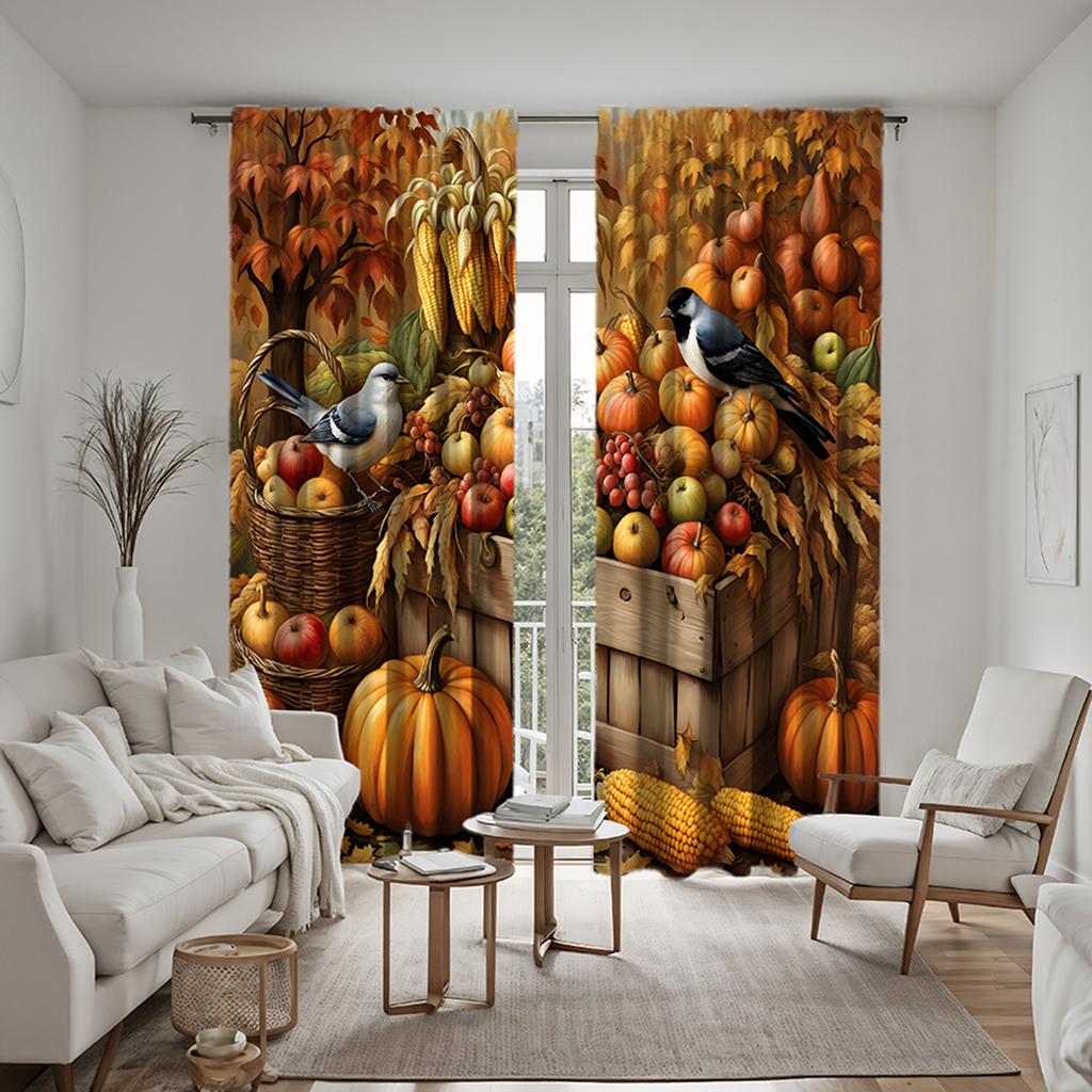 2pcs  Set HD Harvest Season Vegetable Fruit Pumpkin Bird Decorative Curtain Yellow Tie Digital Printed Curtain Home Decoration