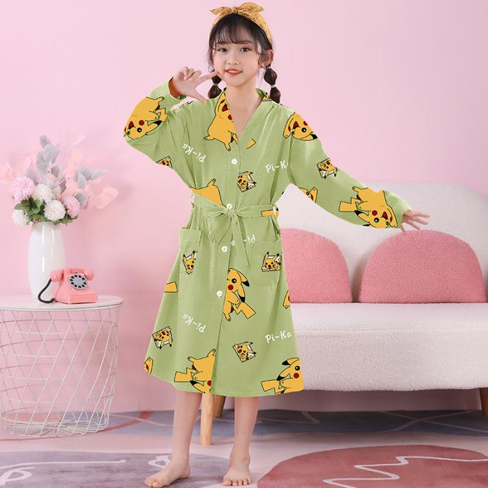 Girls' Combed Cotton Long-Sleeve Pajama Robe - Spring/Summer Bathrobe for Kids, Cute Sleepwear for Middle and Big Girls