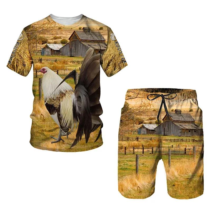 2024 Men's T-shirts Shorts Sets Chicken Graphic 3D Rooster Printed Tracksuit Outfits Fashion Man