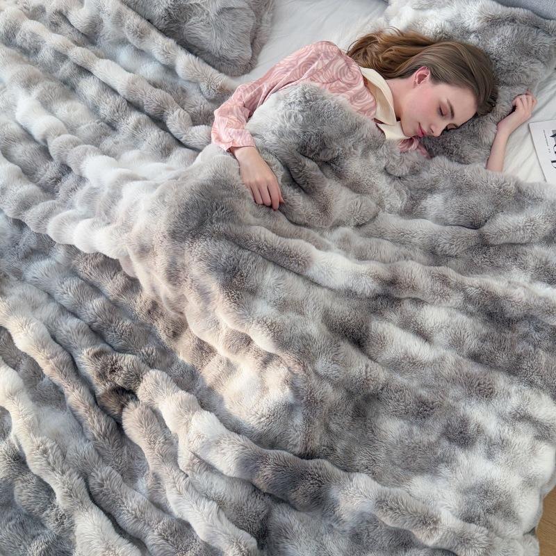 Light Luxury Imitation Rabbit Fleece Blanket Tie-dye Bubble Fleece Double-layer Warm Soft Living Room Bedroom Sofa Blanket
