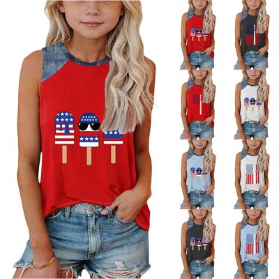 Sleeveless Loose Fit Tank Top for Women Round Neck Printed Denim Patchwork Summer Casual Tee Shirt