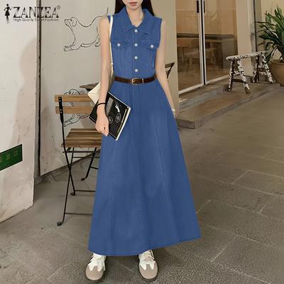 Women Casual Turn Down Collar Summer Sleeveless Long Dress