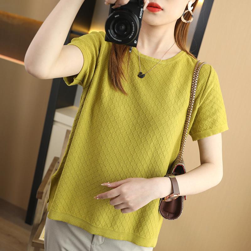 Summer New Round-neck Knitted Short-sleeved Women's T-shirt, Loose Large-sized Plaid Half-sleeved Top