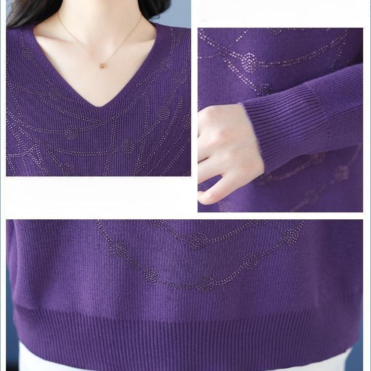 Maglione da donna con scollo a V Primavera Autunno Manica Lunga Ampio Morbido Delicato sulla Pelle Top a Maglia Pullover a Maglia con Strass