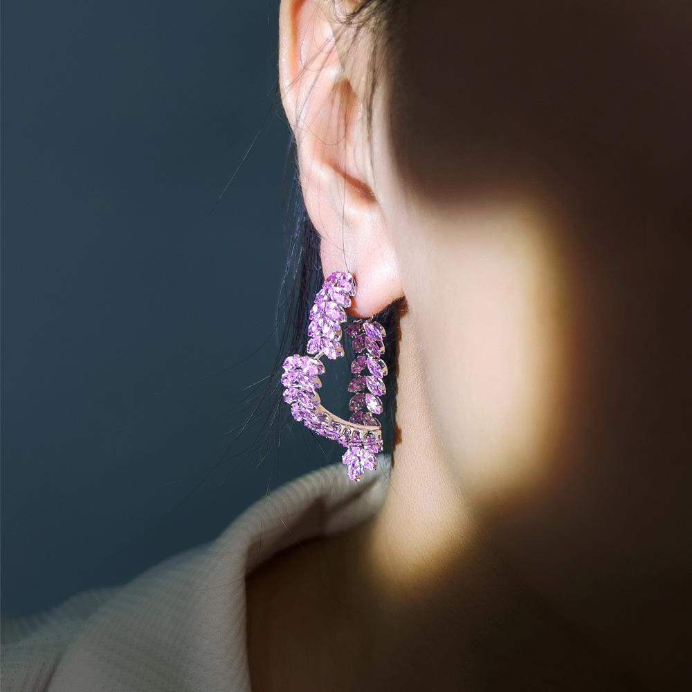 Light Luxury Pink Love Front And Rear Wear High-End Zircon Earrings Super Flash Wheat Ear Heart Earrings Earrings Pendant