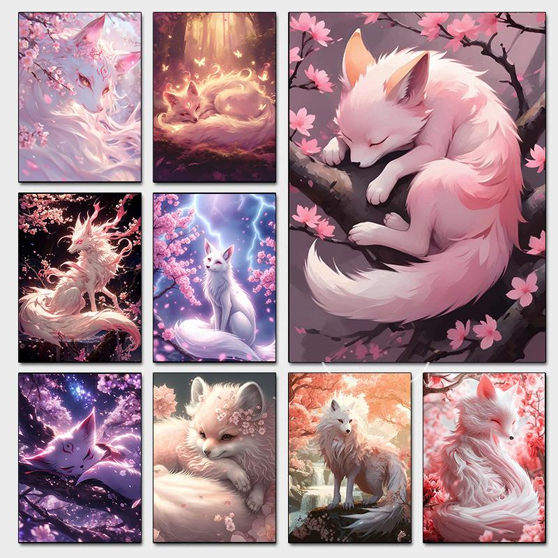 Fantasy Mystical Sakura Nine Tailed Fox Posters Japanese Cute Anime Gentle Prints Canvas Painting Wall Pictures Home Room Decor