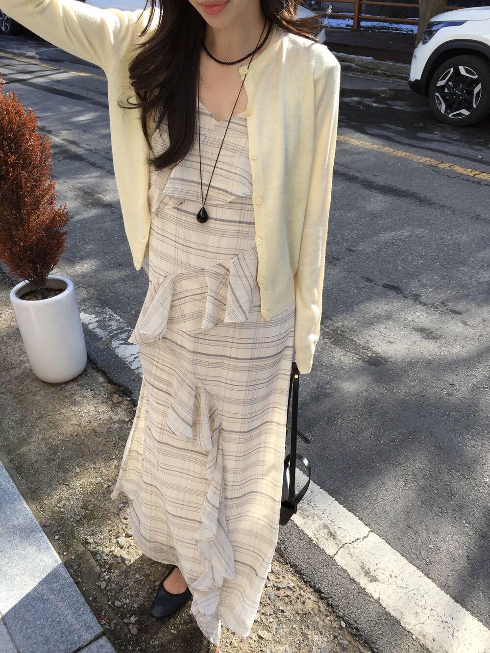 Korean Chic Irregular Plaid Ruffle Dress - Spring/Summer One Size