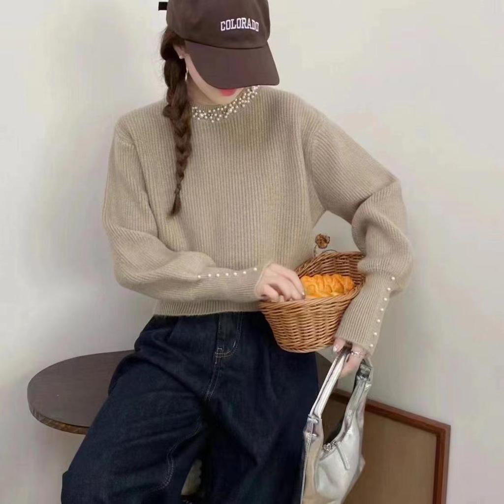 2026 Autumn/Winter Women's Beaded Pullover Sweater - High-End Korean Style Knit Base Layer