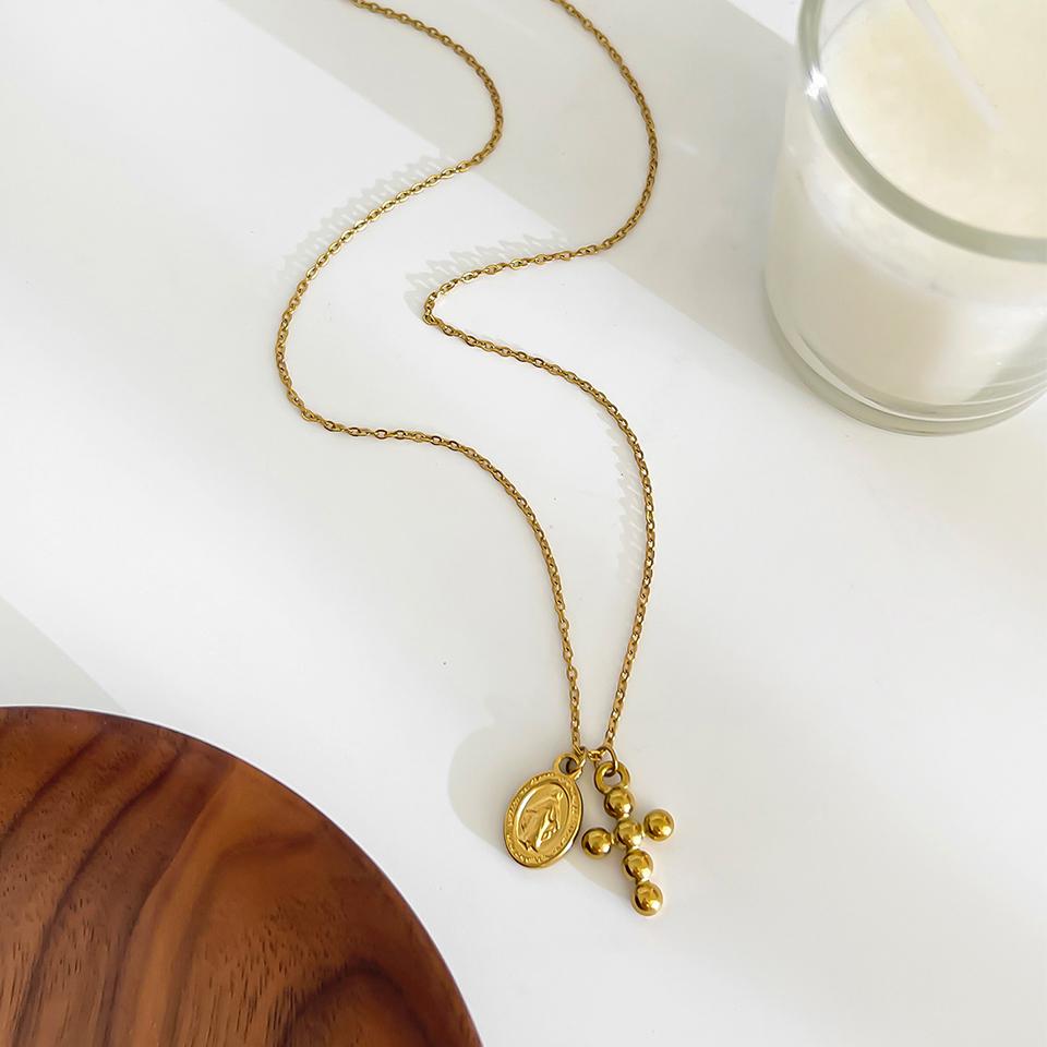 ZAKOL Retro Stainless Steel Star Cross Pendant Necklaces for Women Punk Gold Color Party Stacked Necklace Clavicle Chain